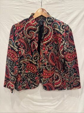 Scott Taylor Vintage Black & Red Paisley 100% Cotton Blazer Jacket, Open-Front